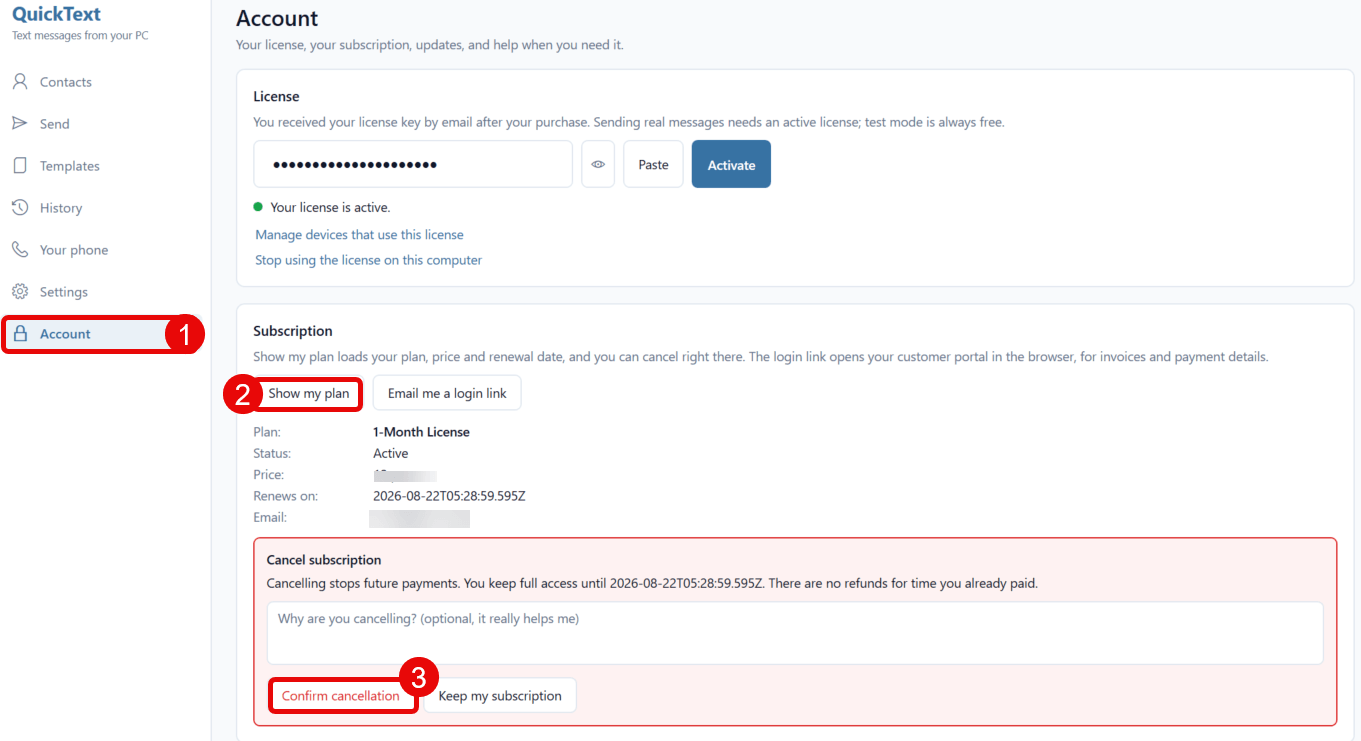 Cancelling a subscription on the QuickText Account page