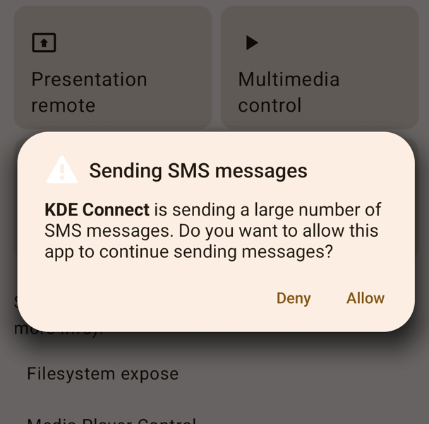 Popup - KDE Connect is sending a large number of SMS messages