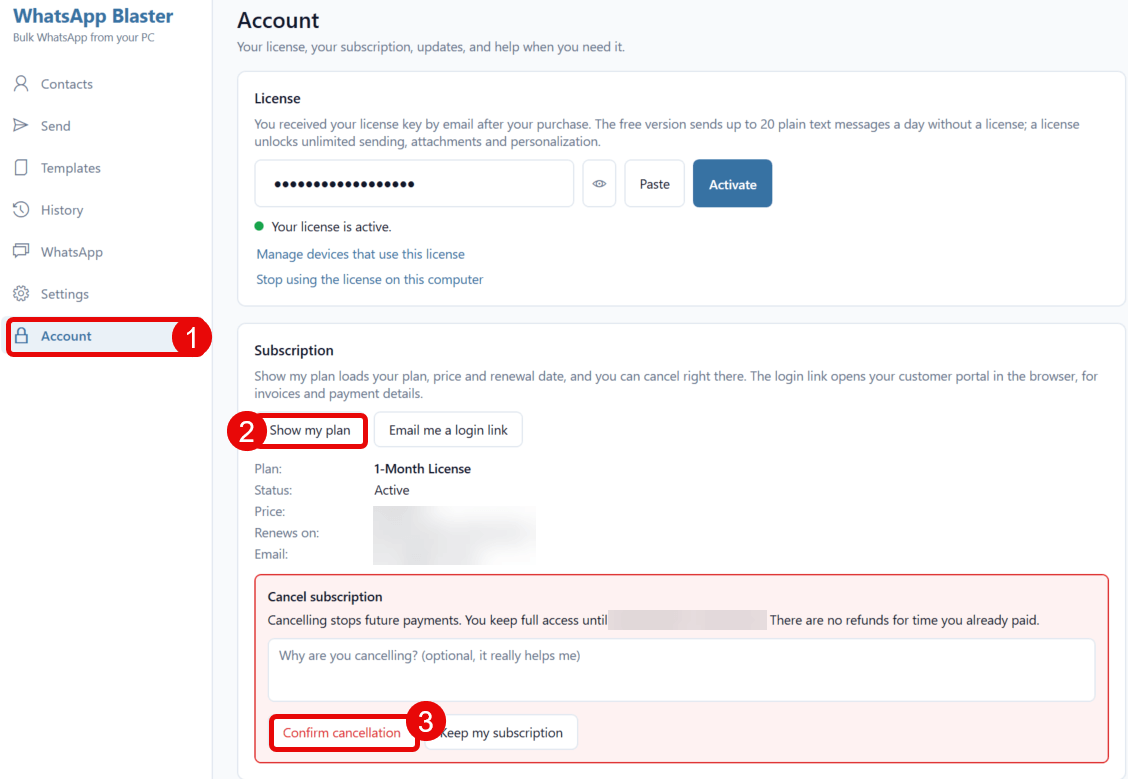 Cancelling a subscription on the SendCommander Account page