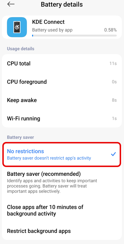 KDE Connect battery restrictions
