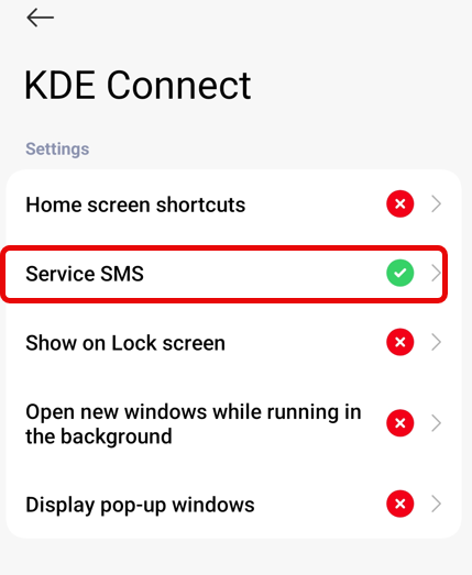 KDE Connect Other permissions Service SMS