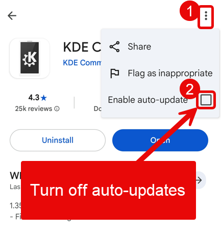 How to disable KDE Connect auto-update in Play Store