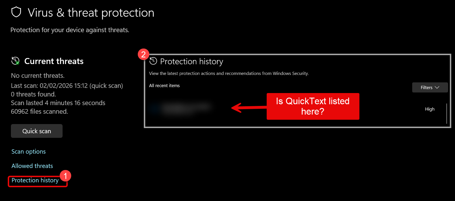 Windows Defender Protection History