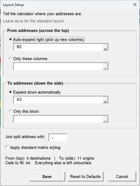 The Layout Setup window with From and To sections.