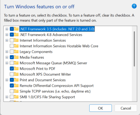 Turn Windows features on or off dialog with .NET Framework 3.5 ticked
