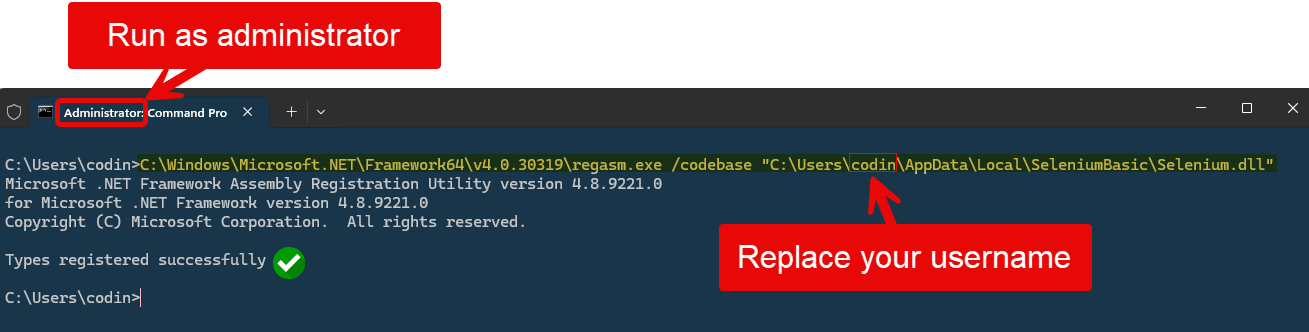 Command Prompt showing Types registered successfully after running regasm as administrator