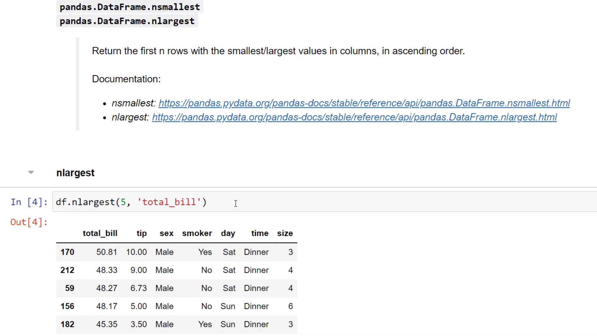Using nlargest function to get top values