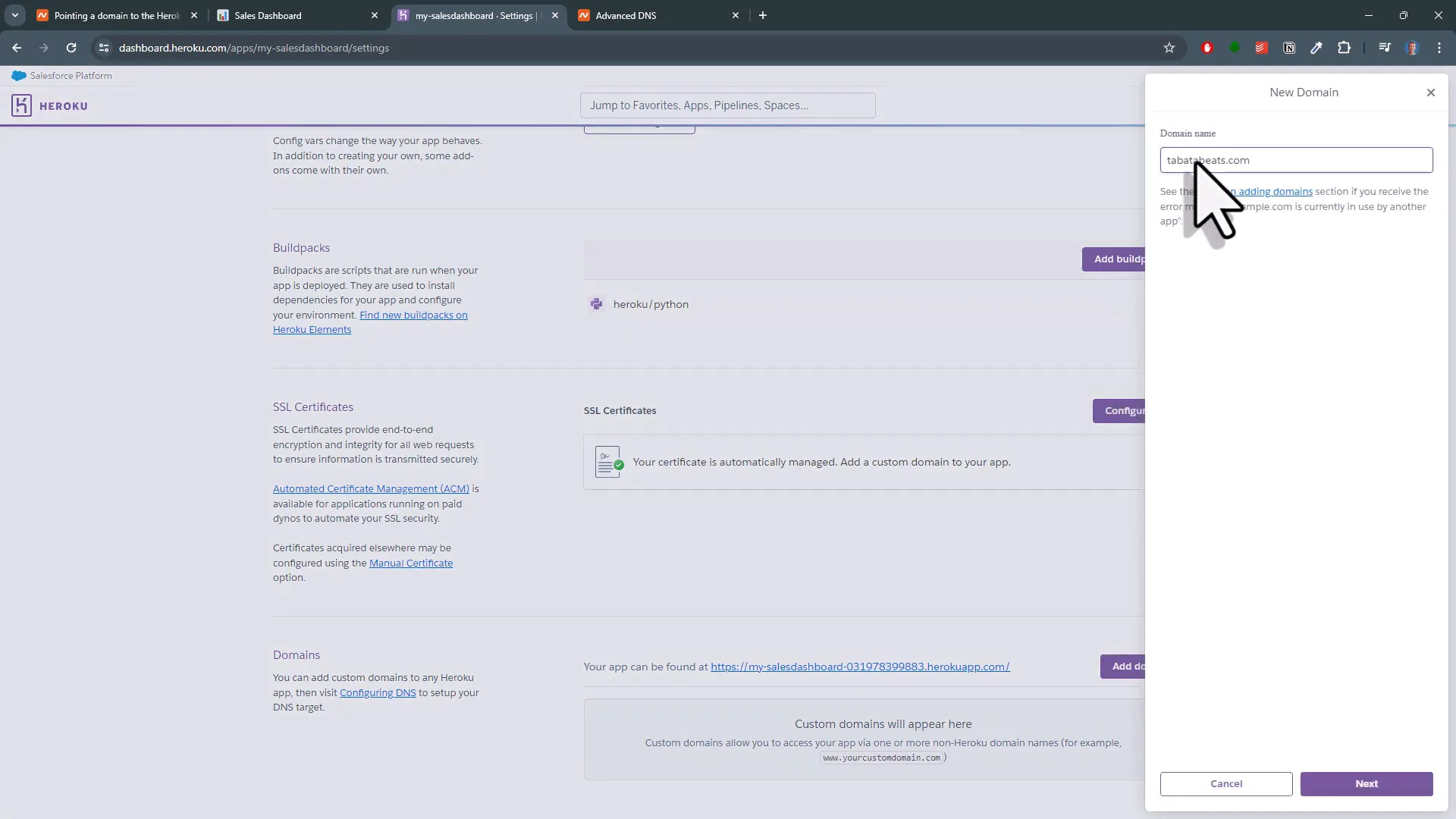 Adding domain in Heroku