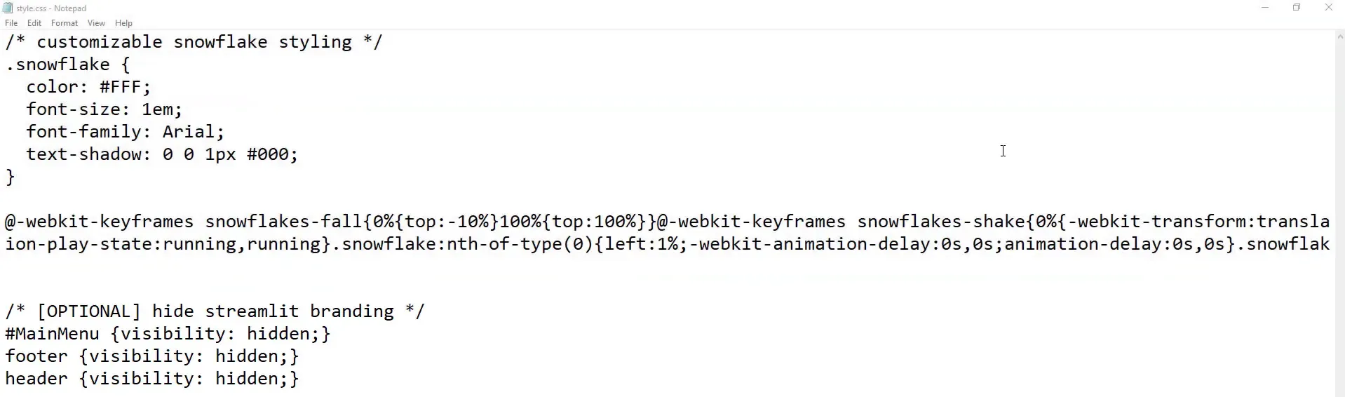 CSS code for snowflake animation