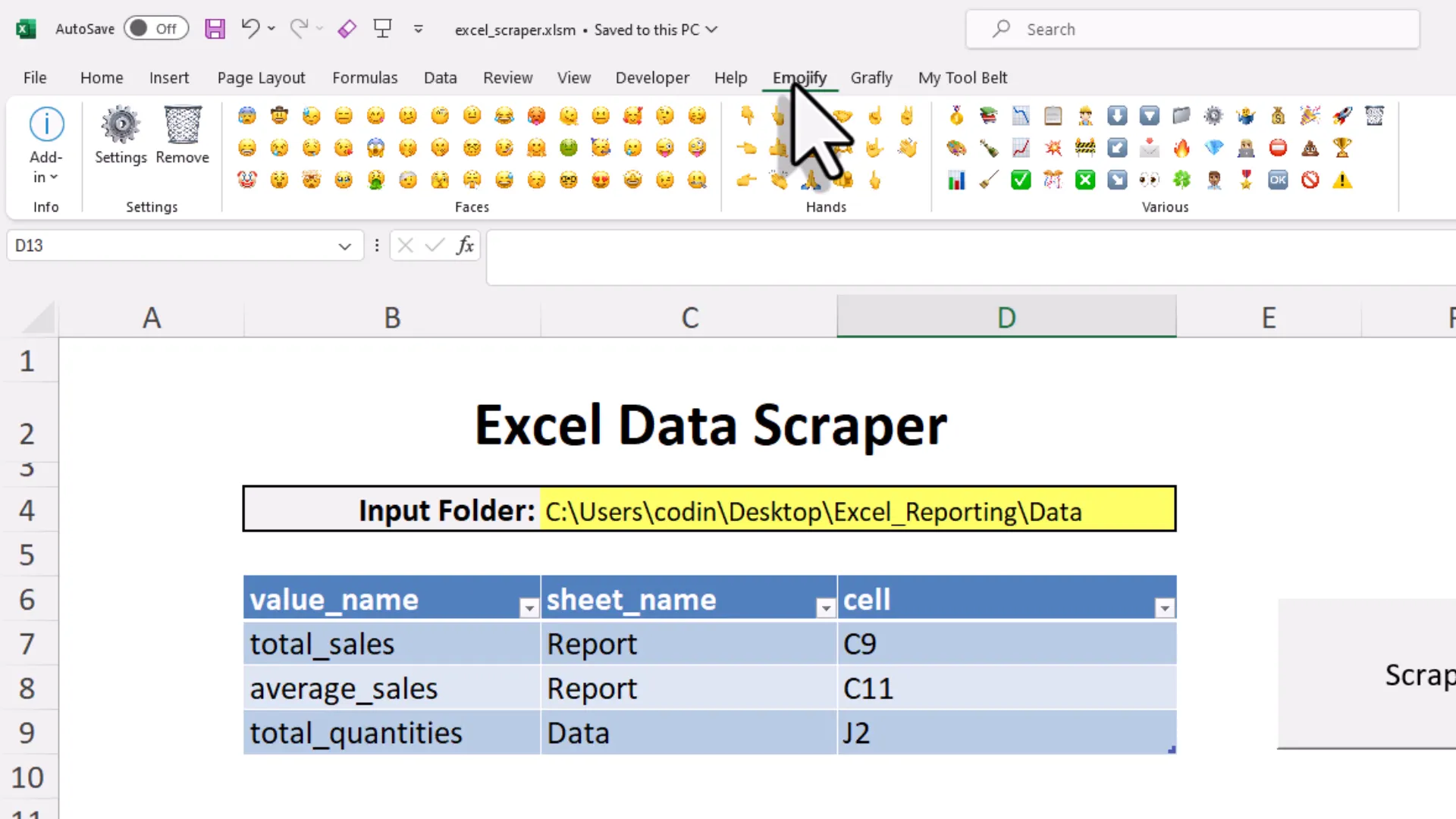 Using Emojify add-in to add emojis in Excel