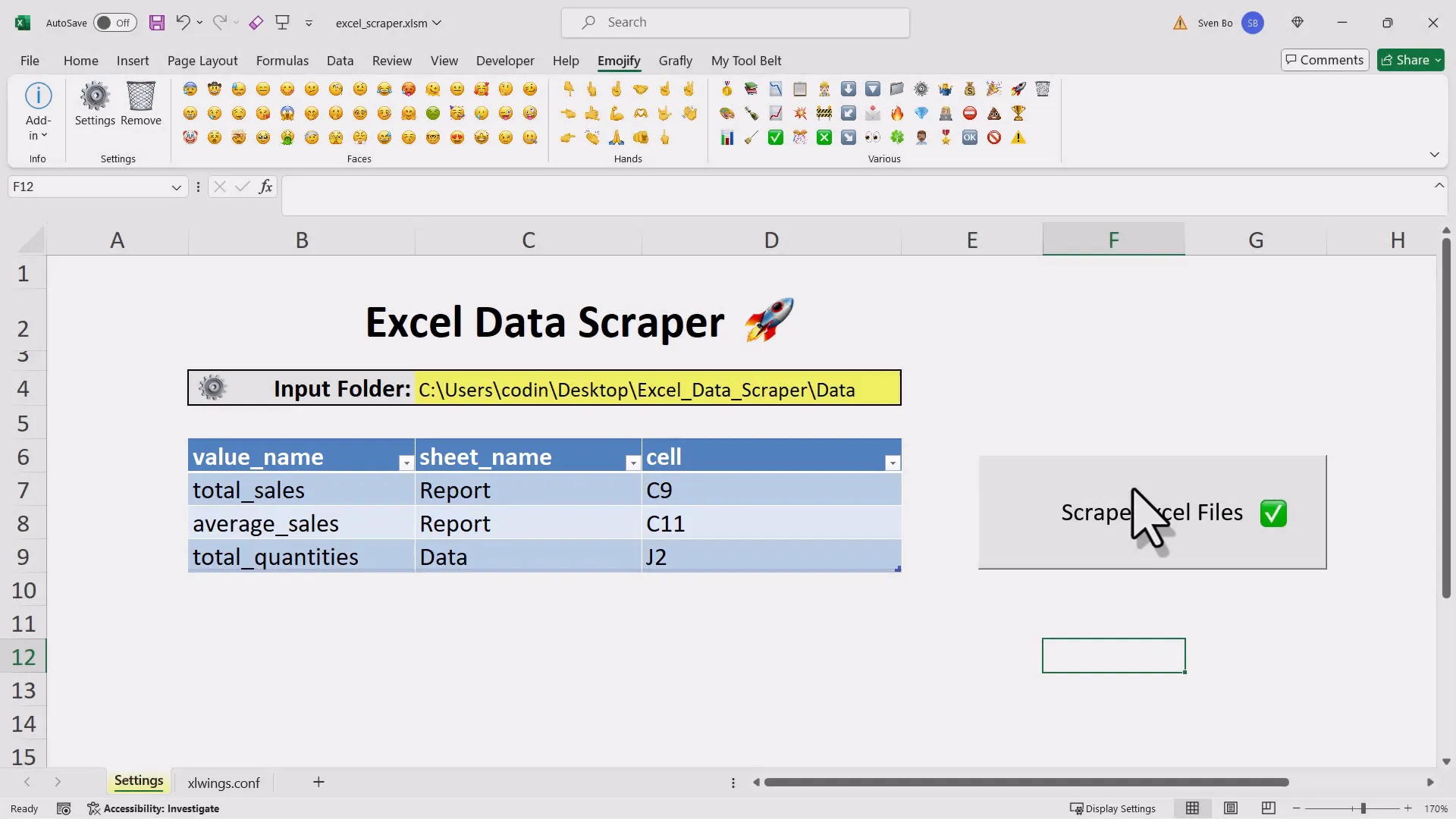Excel workbook with input folder and table for cell specification