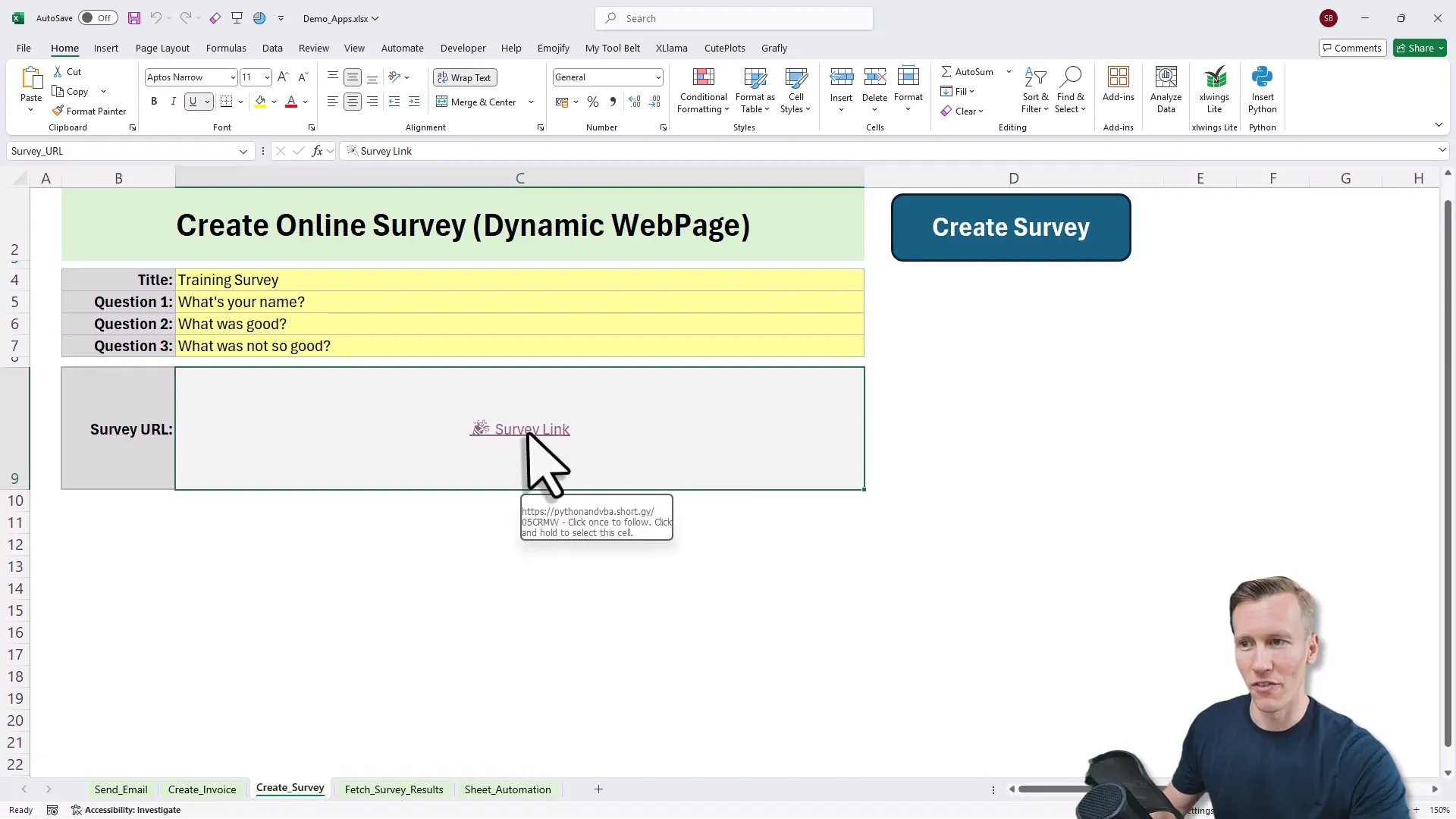 Excel interface generating survey questions and producing live web survey link
