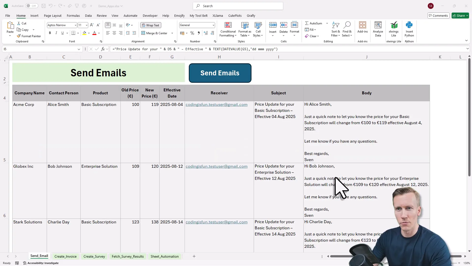 Excel sheet showing dynamic email content for price change notification