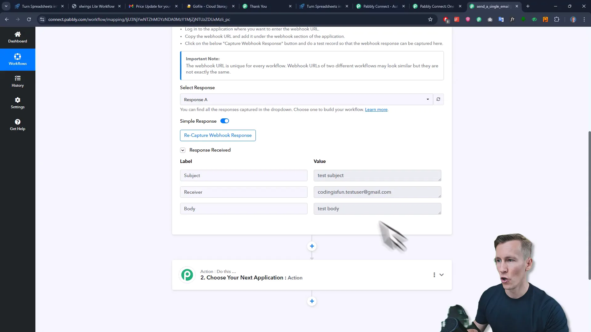 Pabbly Connect workflow setup with webhook trigger and Gmail email sending action