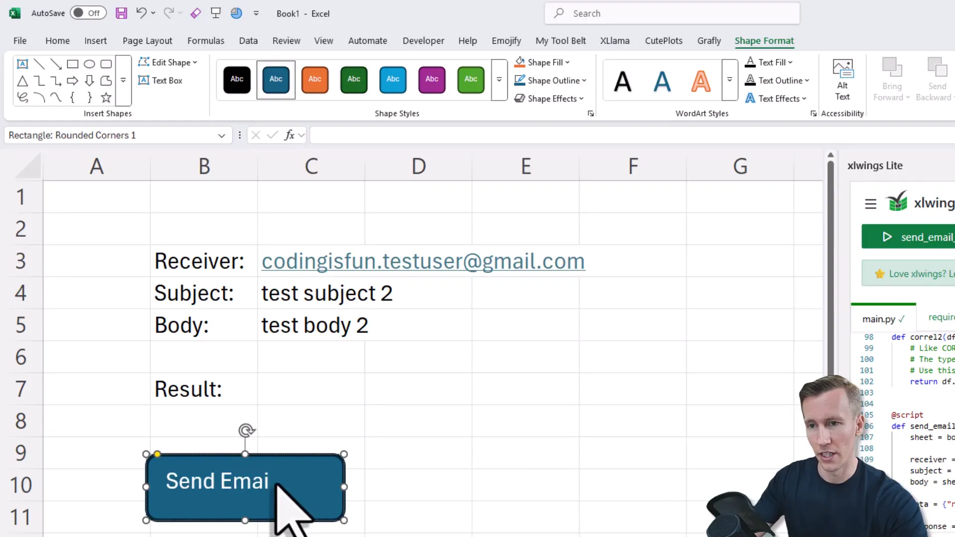 Excel sheet with a custom button linked to a Python automation script