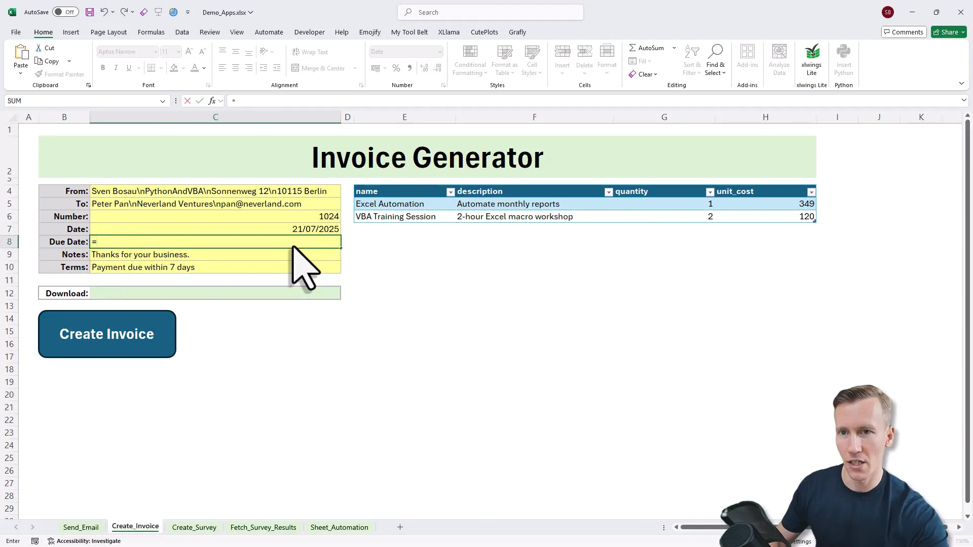 Invoice template in Excel with automatic calculations and cloud download link