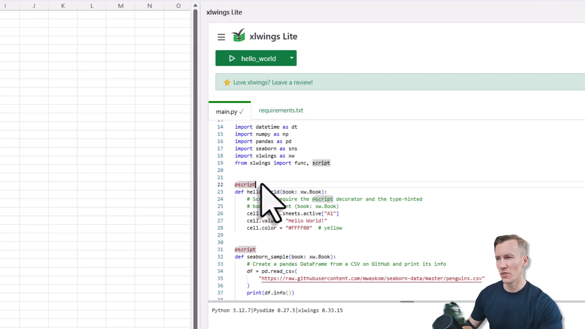 xlwings Lite example script writing Hello World in Excel cell A1