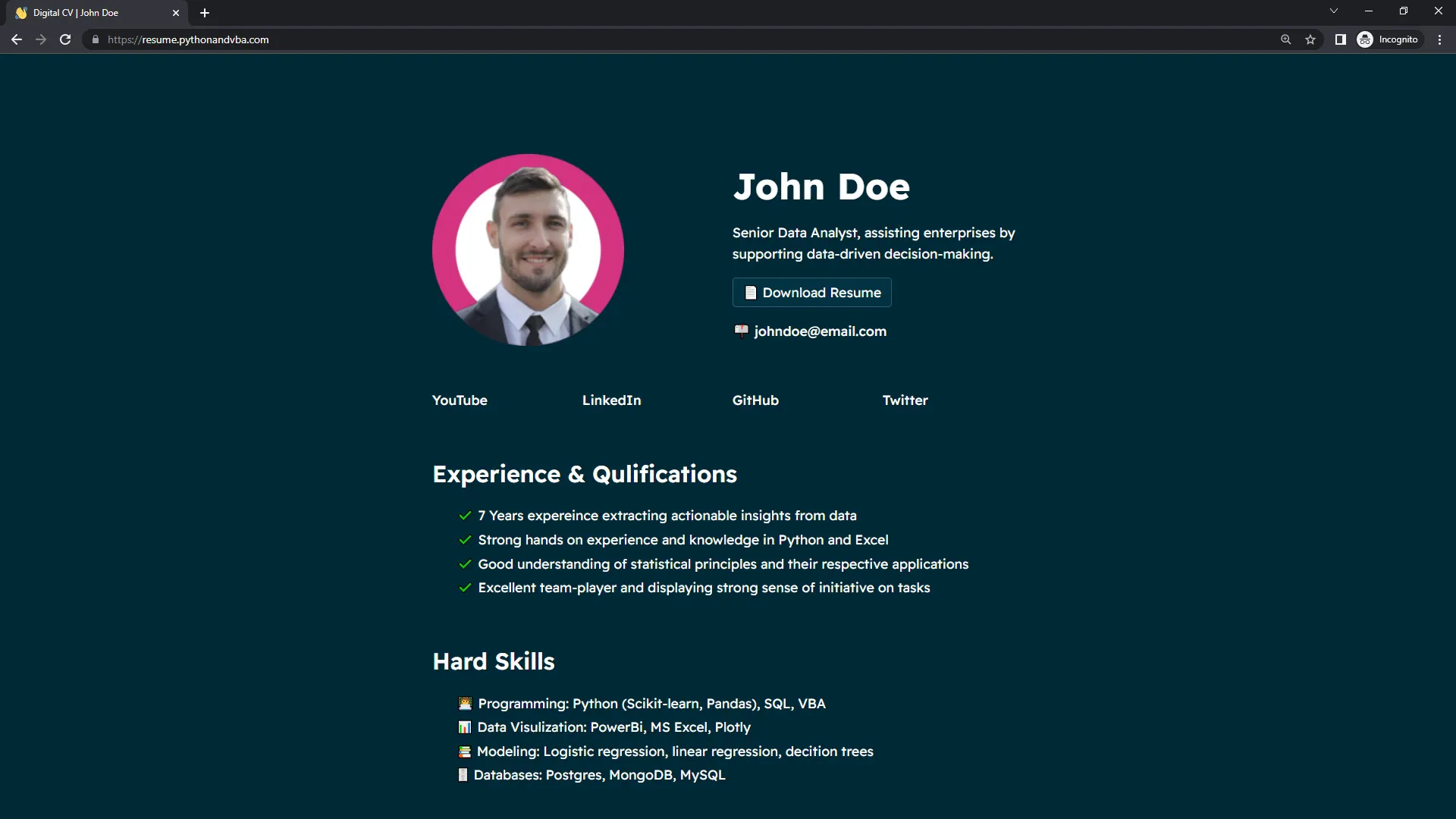 Overview of the digital resume website
