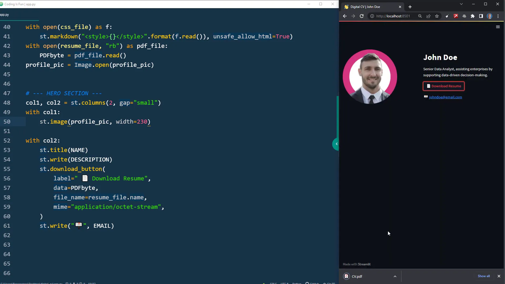 Hero section with profile picture and download button