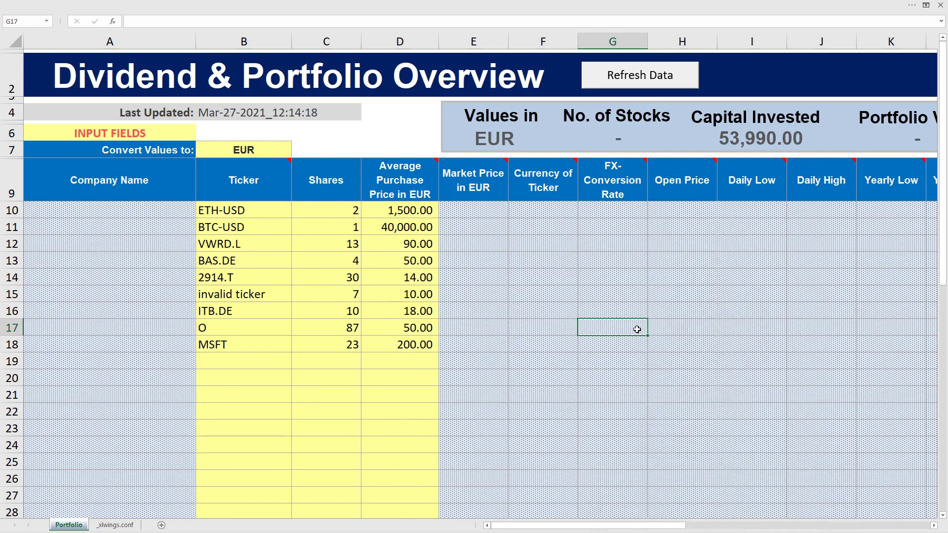 Excel Dividend Portfolio Tracker setup