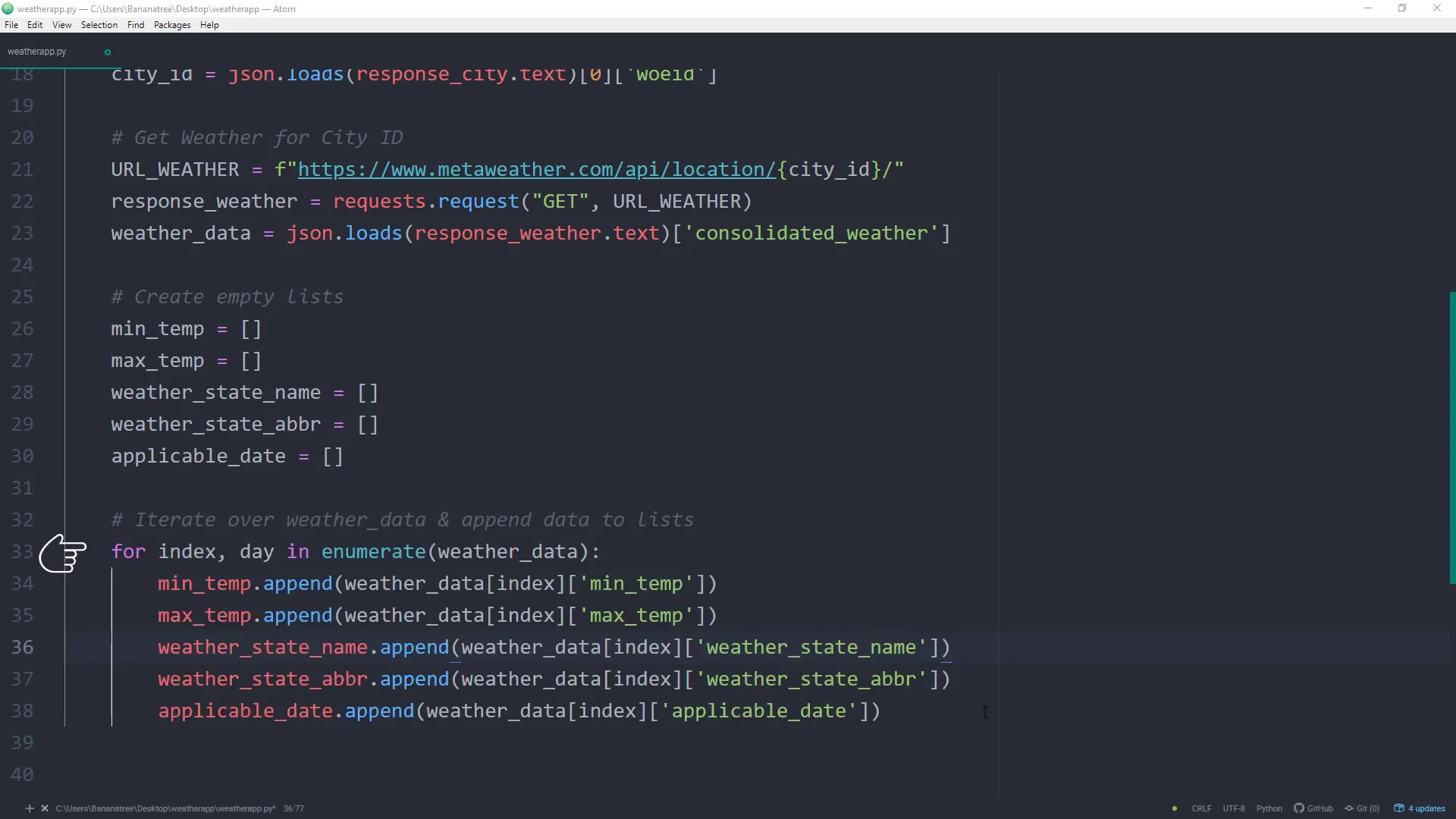 Finalizing the Python script for the weather app