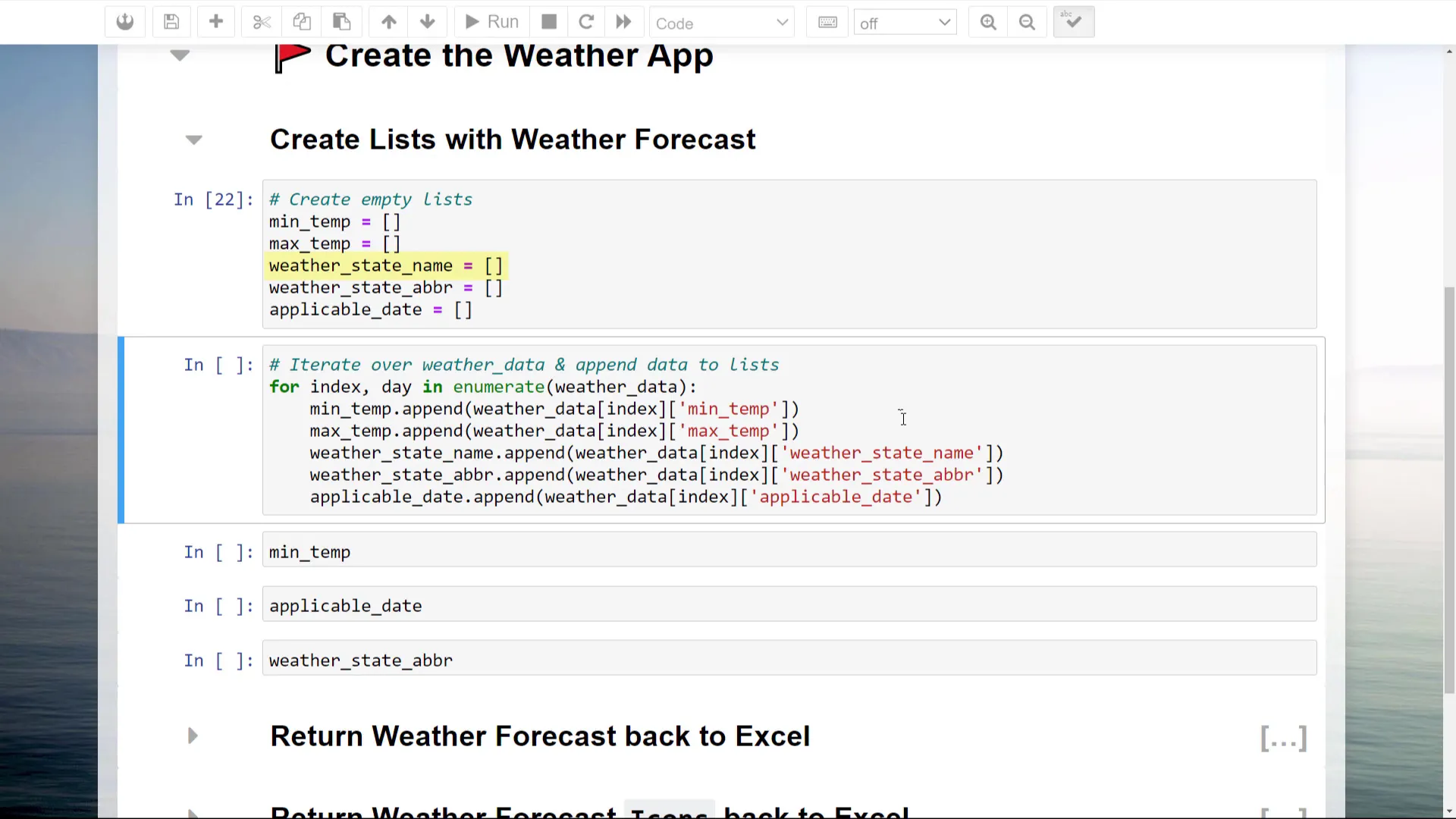Storing weather data in a list for display