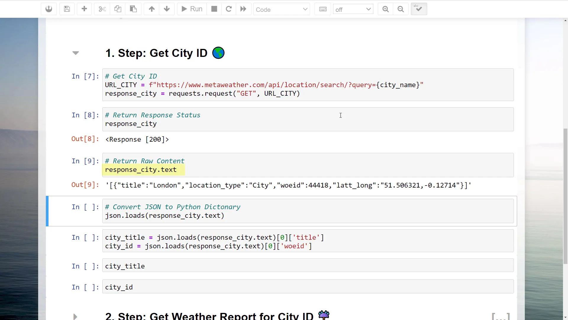 Fetching weather data and converting JSON to Python dictionary