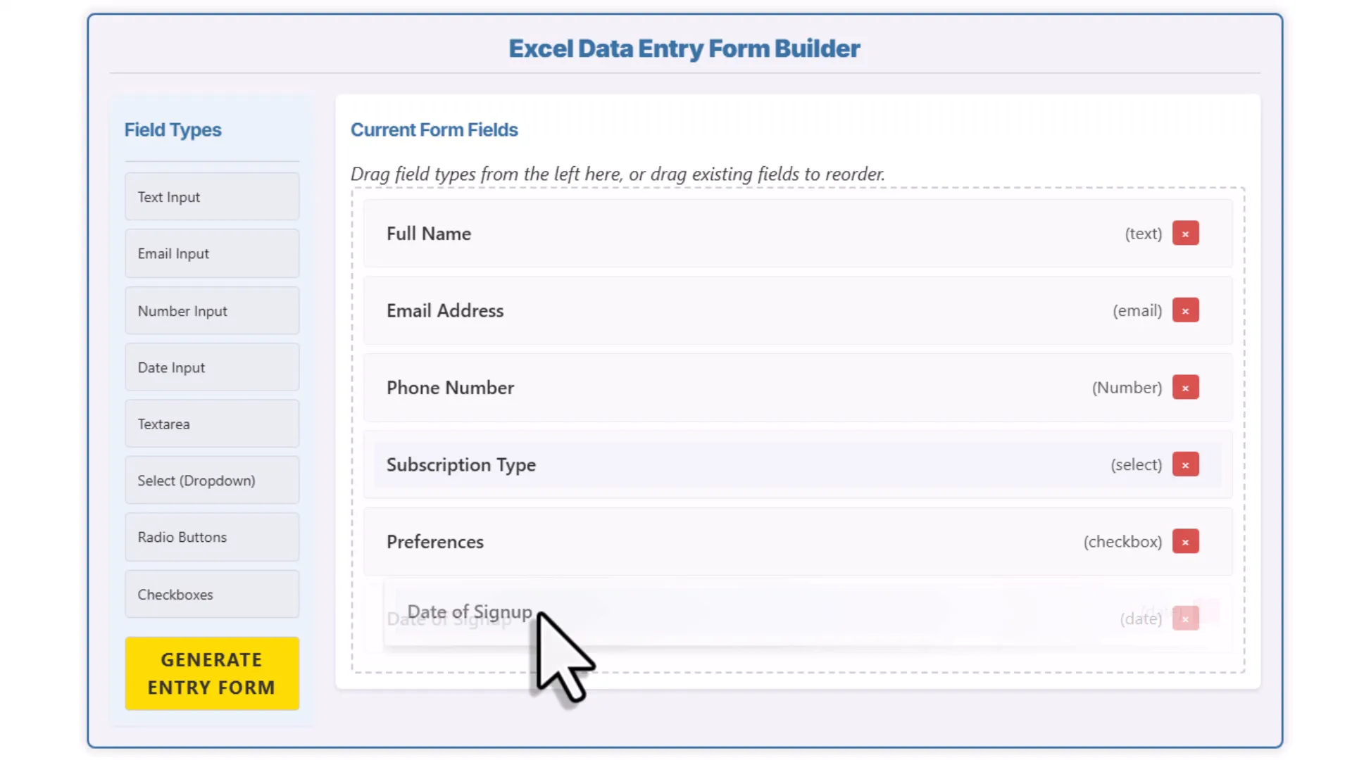 Reordering fields in form builder by dragging and dropping
