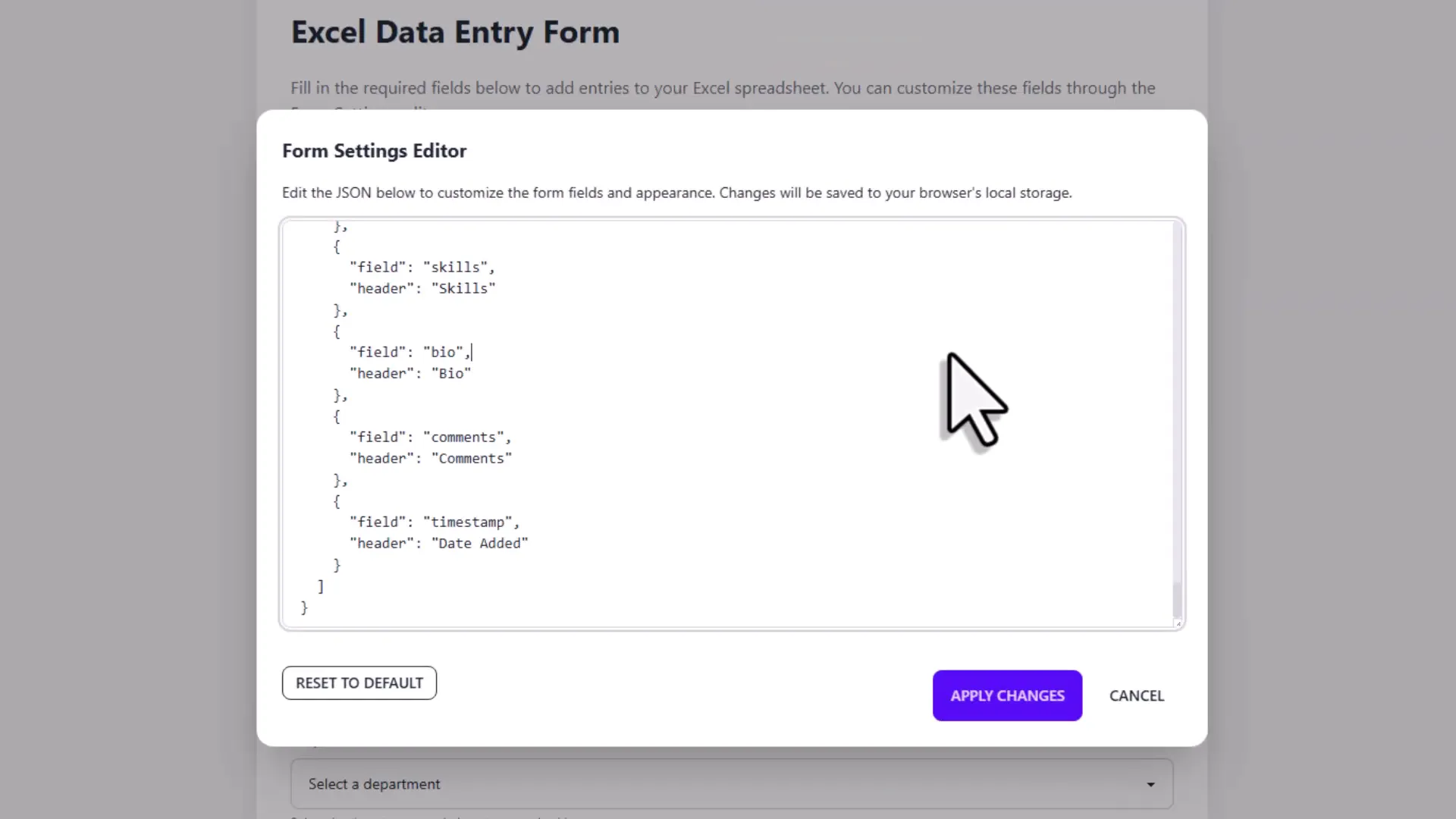 Pasting custom JSON configuration into local entry form settings