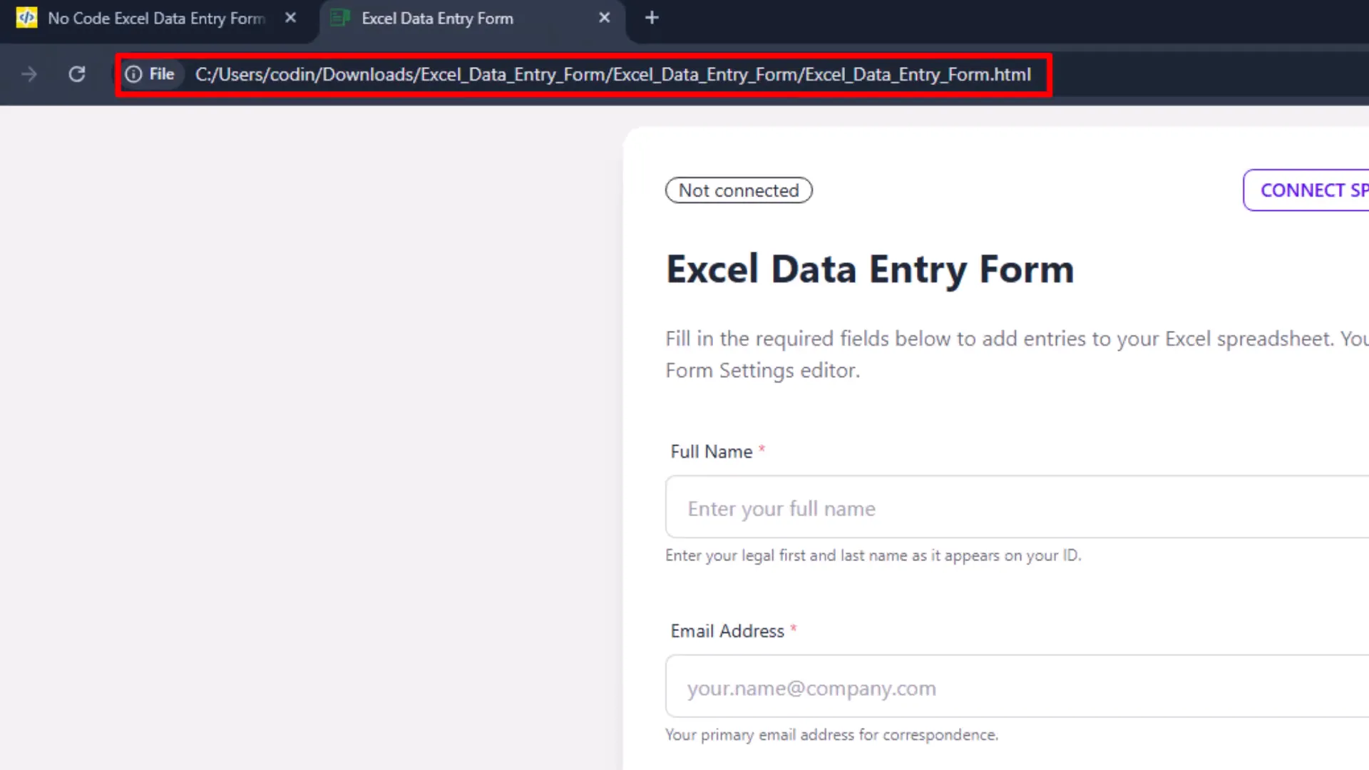 Opening the local HTML entry form in browser