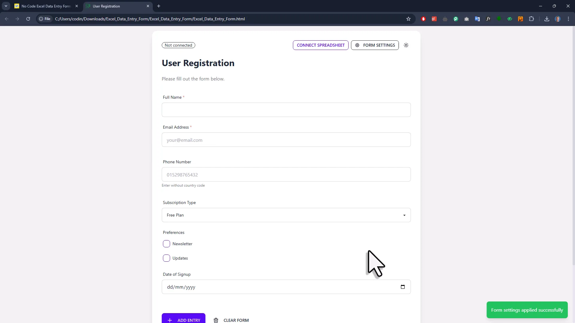 Custom data entry form with various input fields and labels