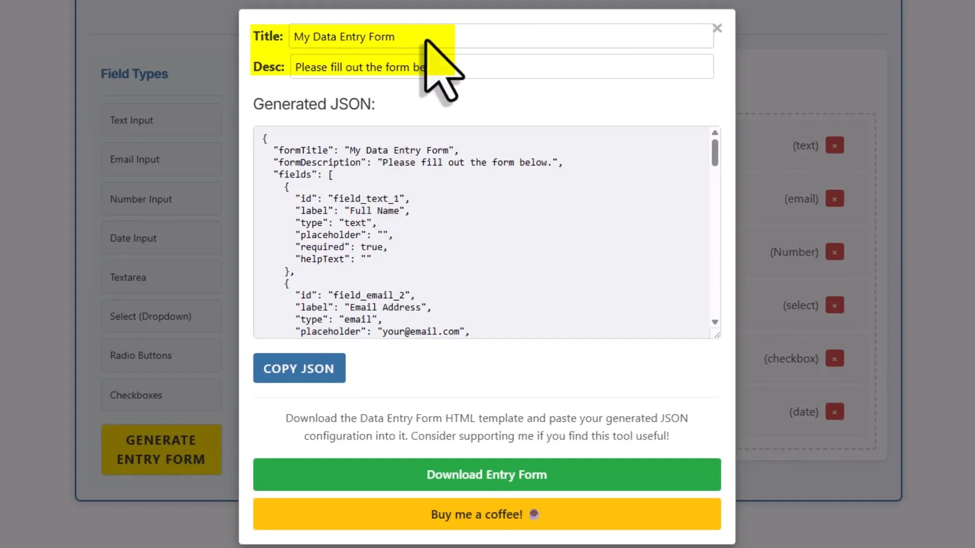 Generating form and editing form title and description with live JSON preview