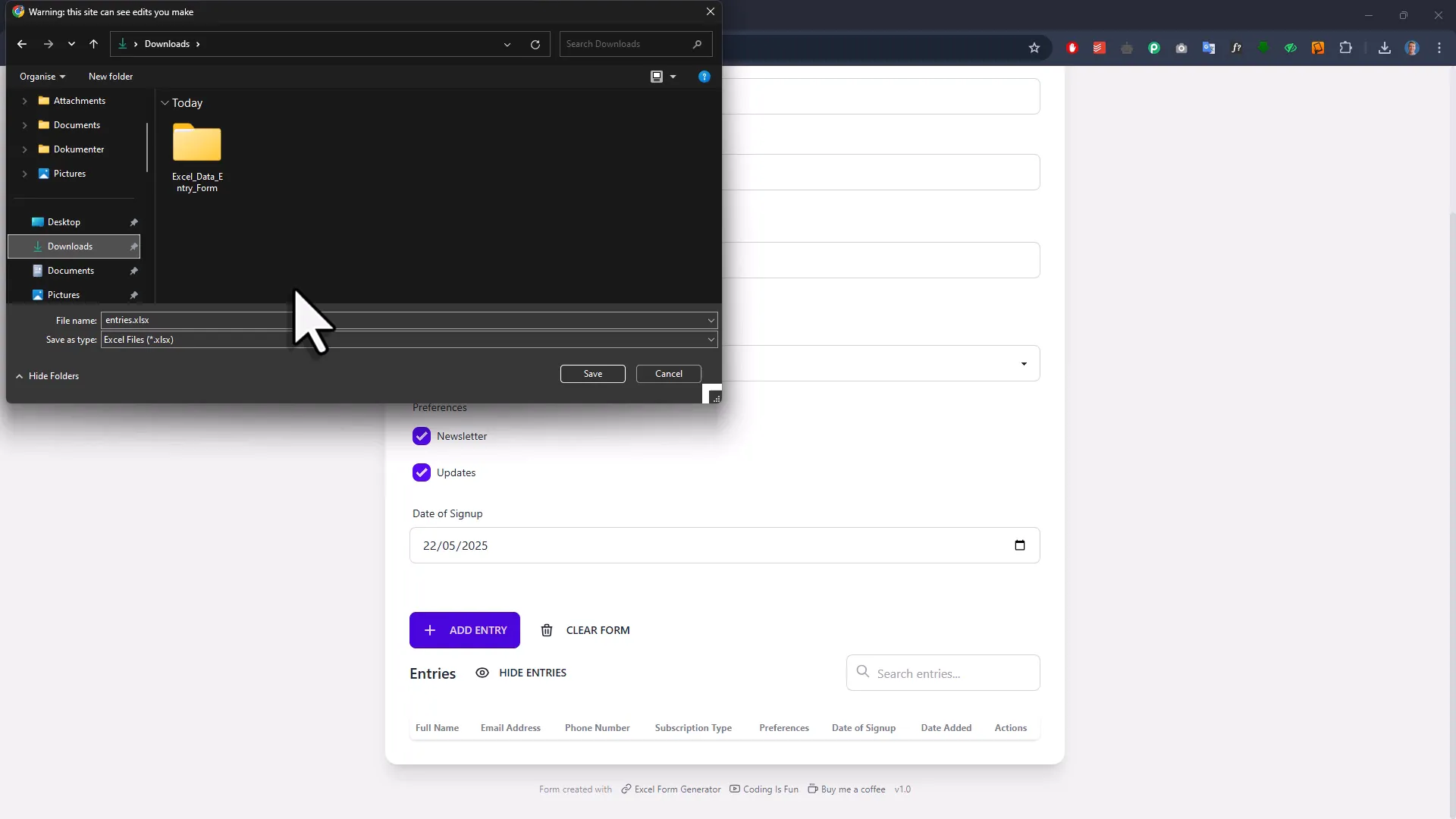 Saving first entry and selecting folder for Excel workbook