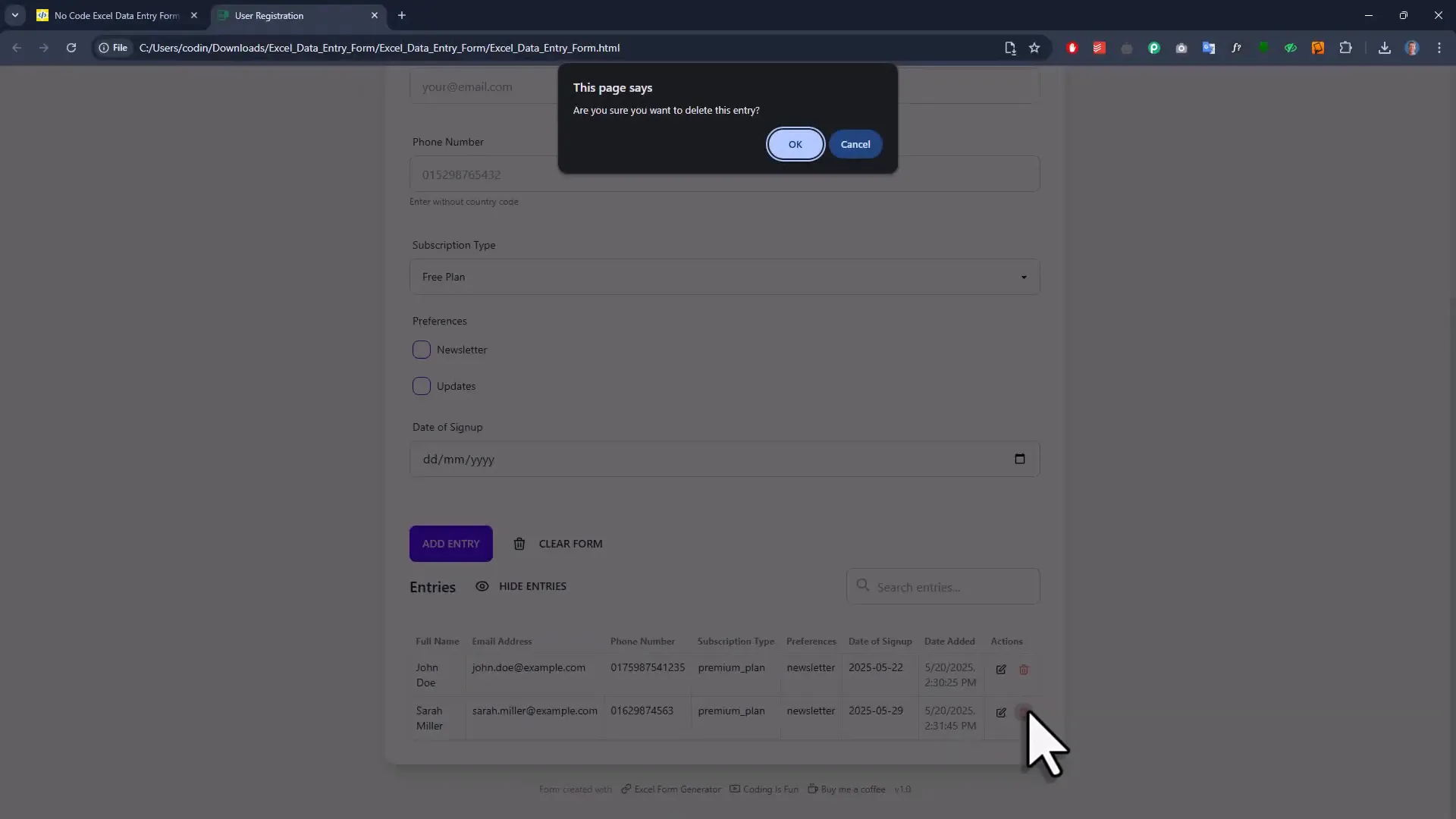 Deleting an entry with confirmation prompt