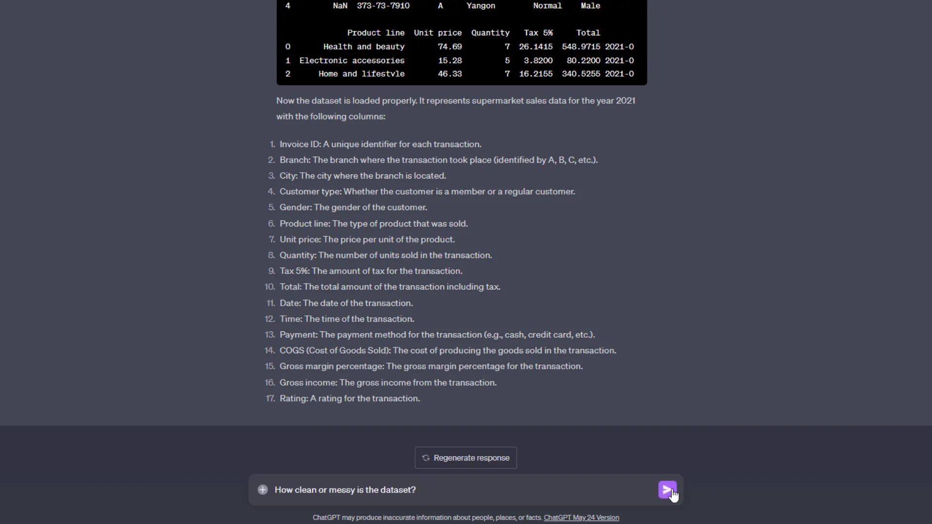 Data cleanliness check results