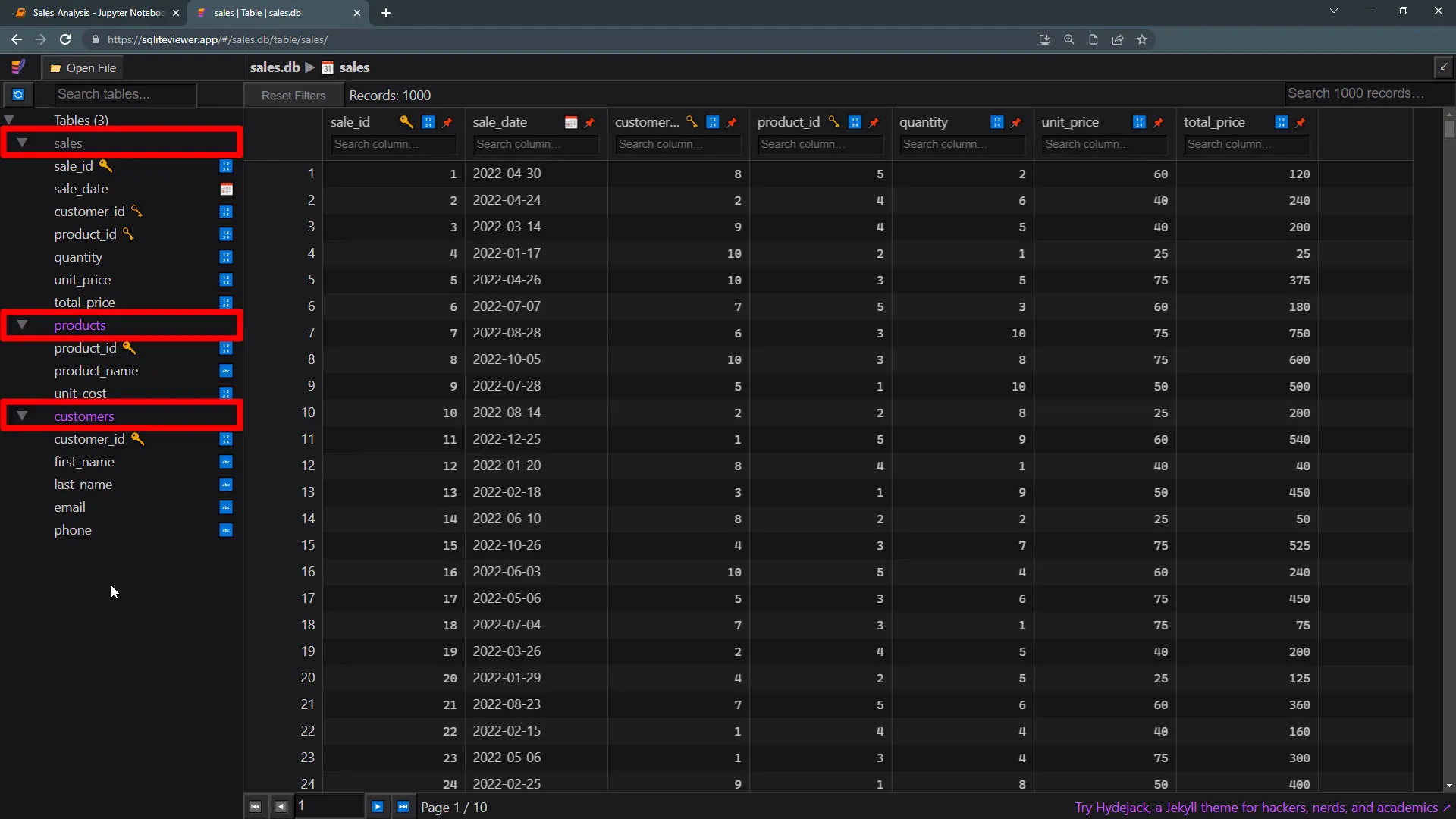 Inspecting database tables