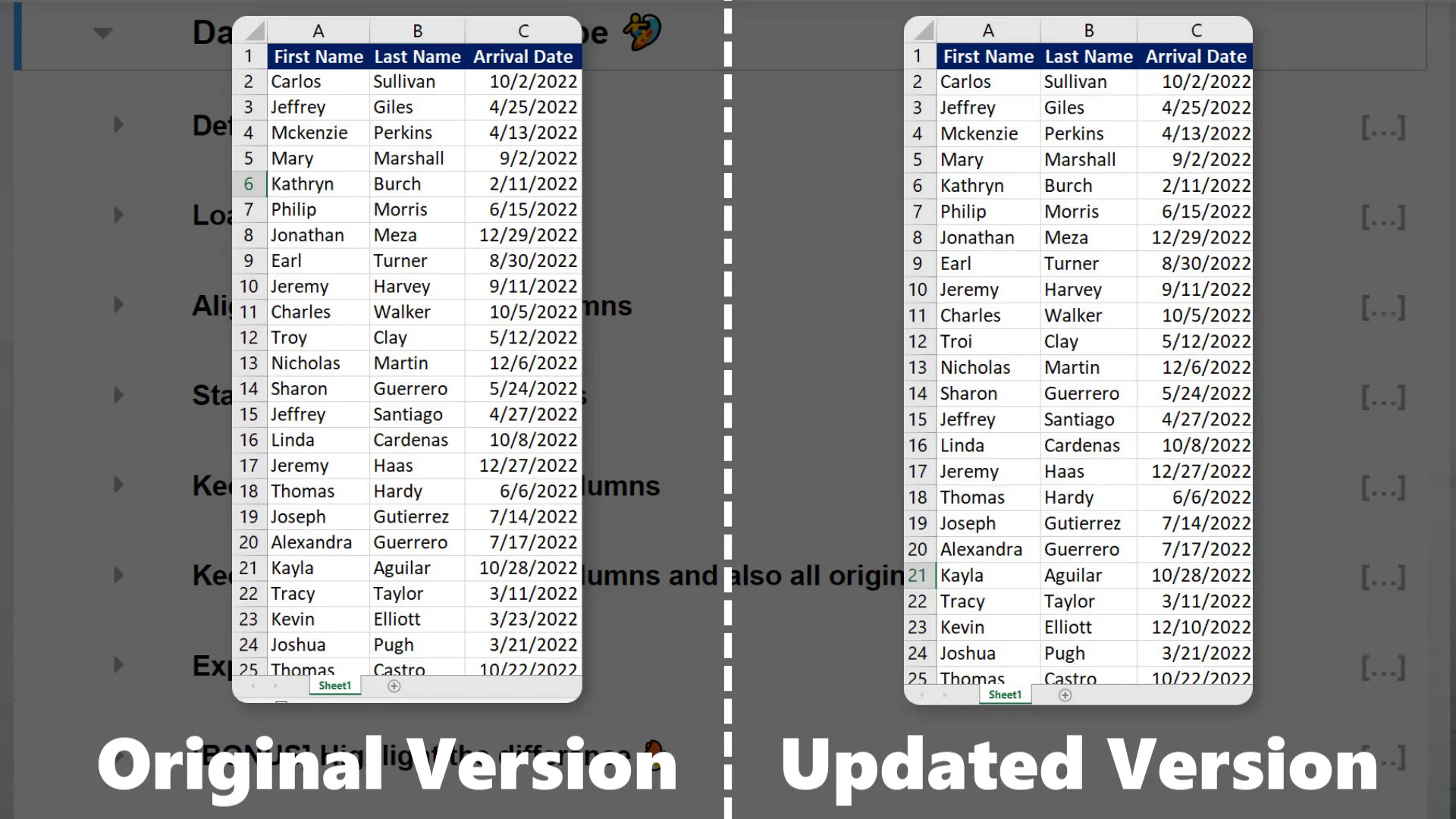 Initial and updated spreadsheets