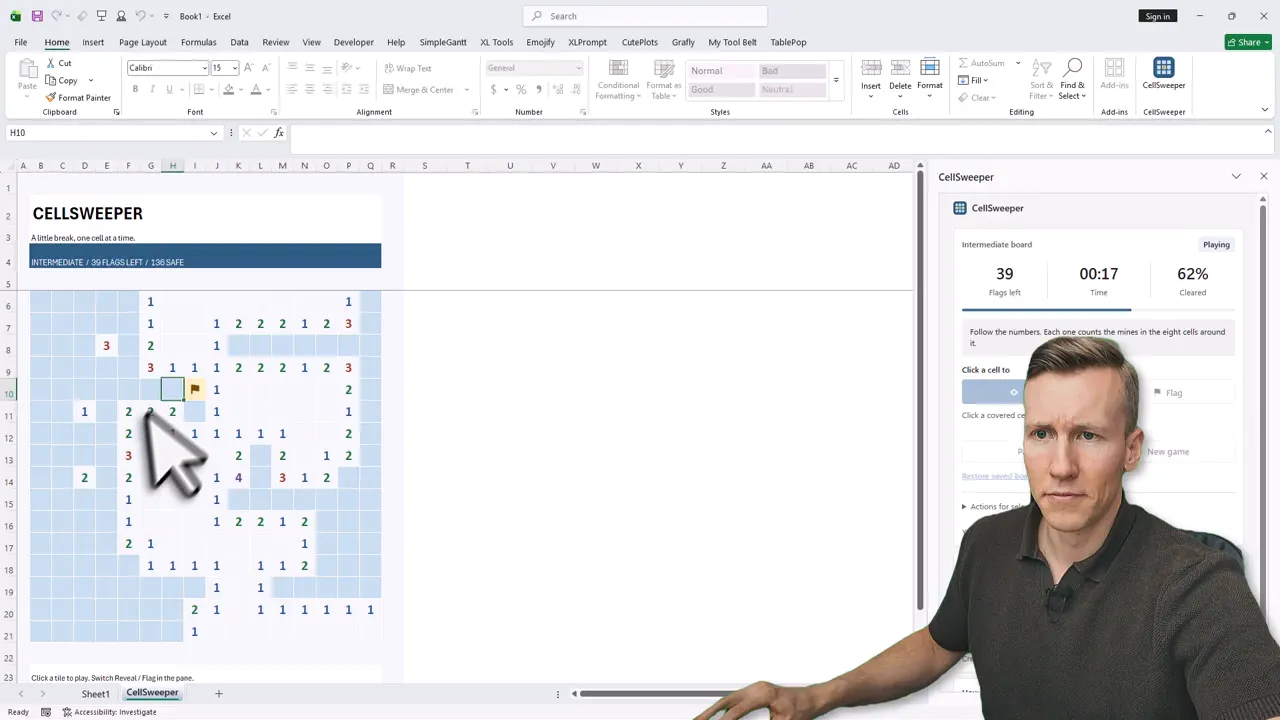 Completed CellSweeper board in Excel with revealed mines, flags, and game statistics in the task pane