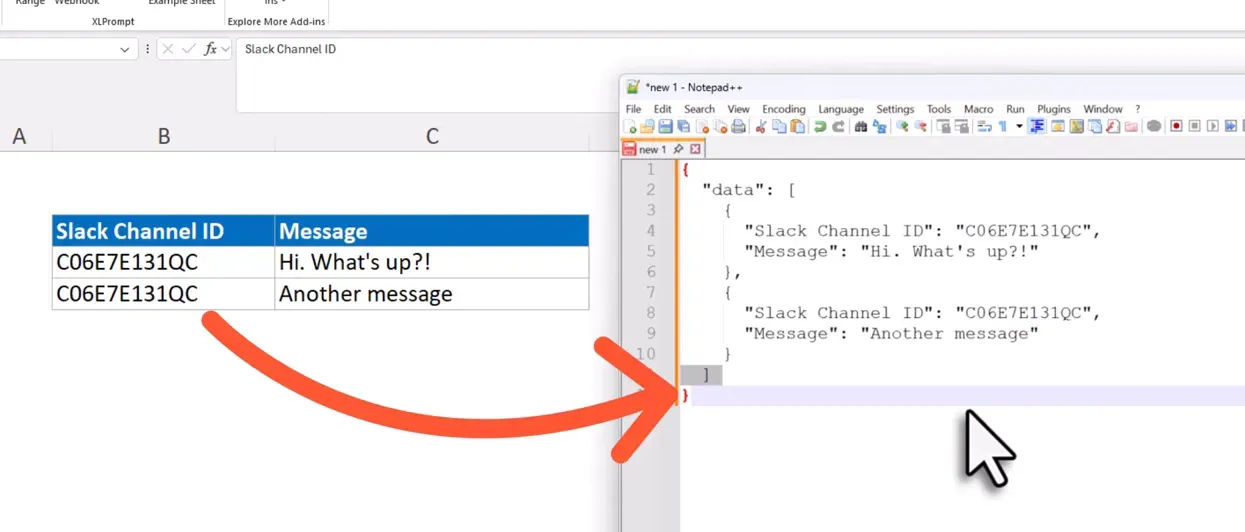 Converted Excel range pasted into Notepad as JSON