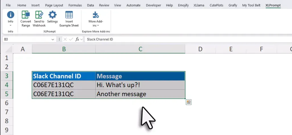 Excel data ready to be sent as Slack messages