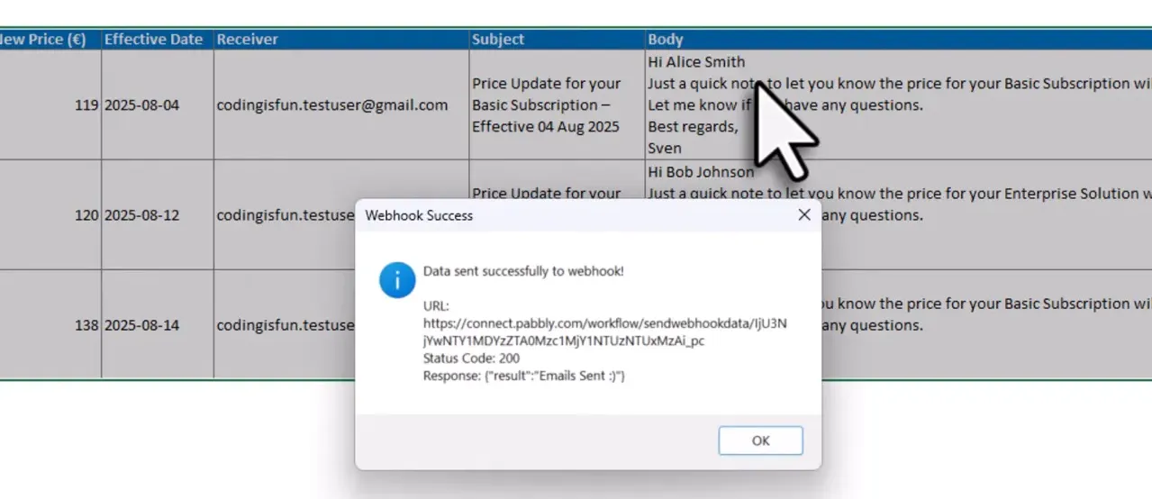 Message box confirming emails were sent from Excel