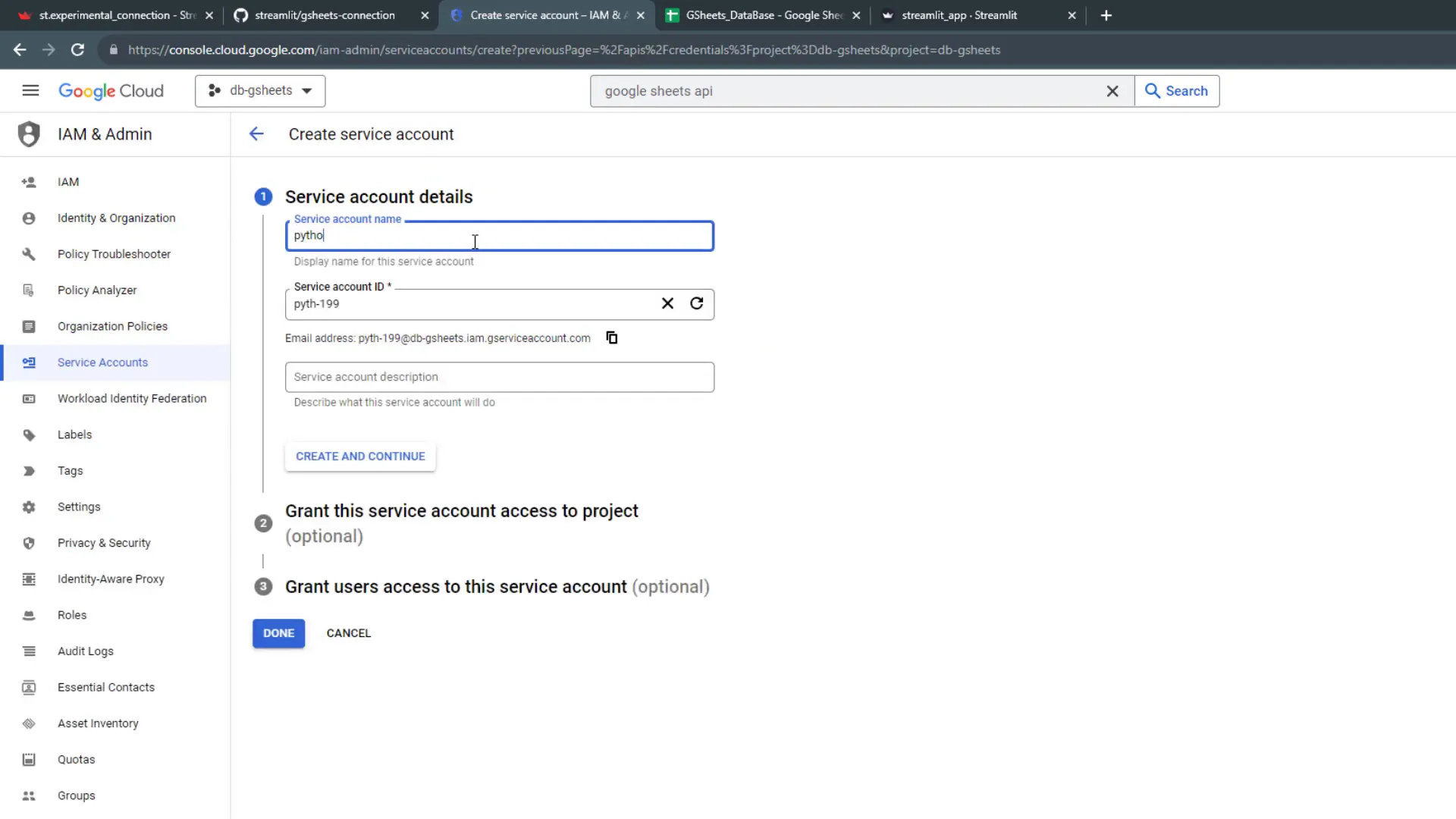 Creating service account