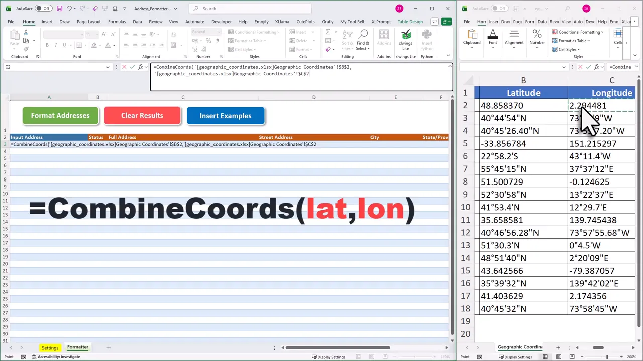 Split Excel view with the formatter sheet on the left showing =CombineCoords(lat,lon) and the geographic coordinates sheet on the right listing latitude and longitude values.