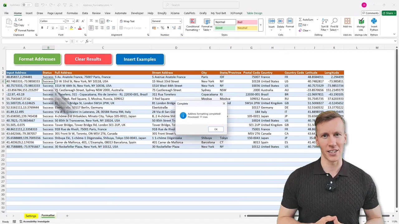 Excel spreadsheet with GPS coordinates and populated address columns, plus status messages and a presenter in the corner.