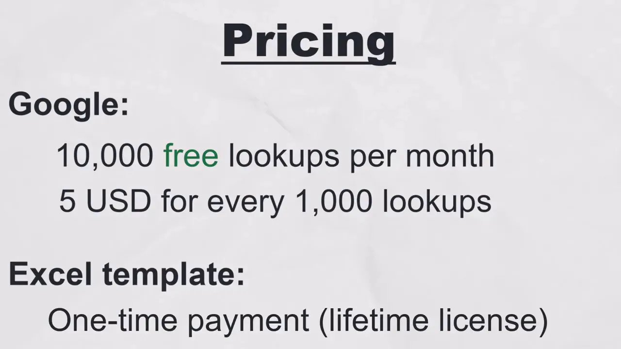 Slide showing Google pricing and a note that the Excel template is a one-time payment (lifetime license)