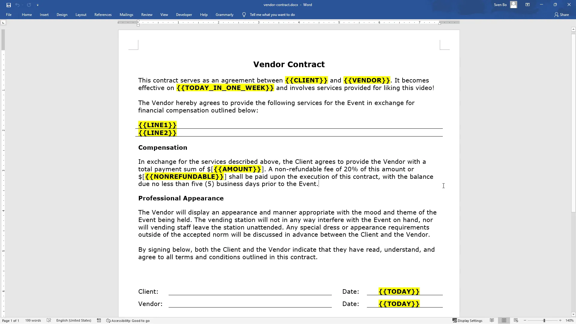 Adding calculations to the Word document