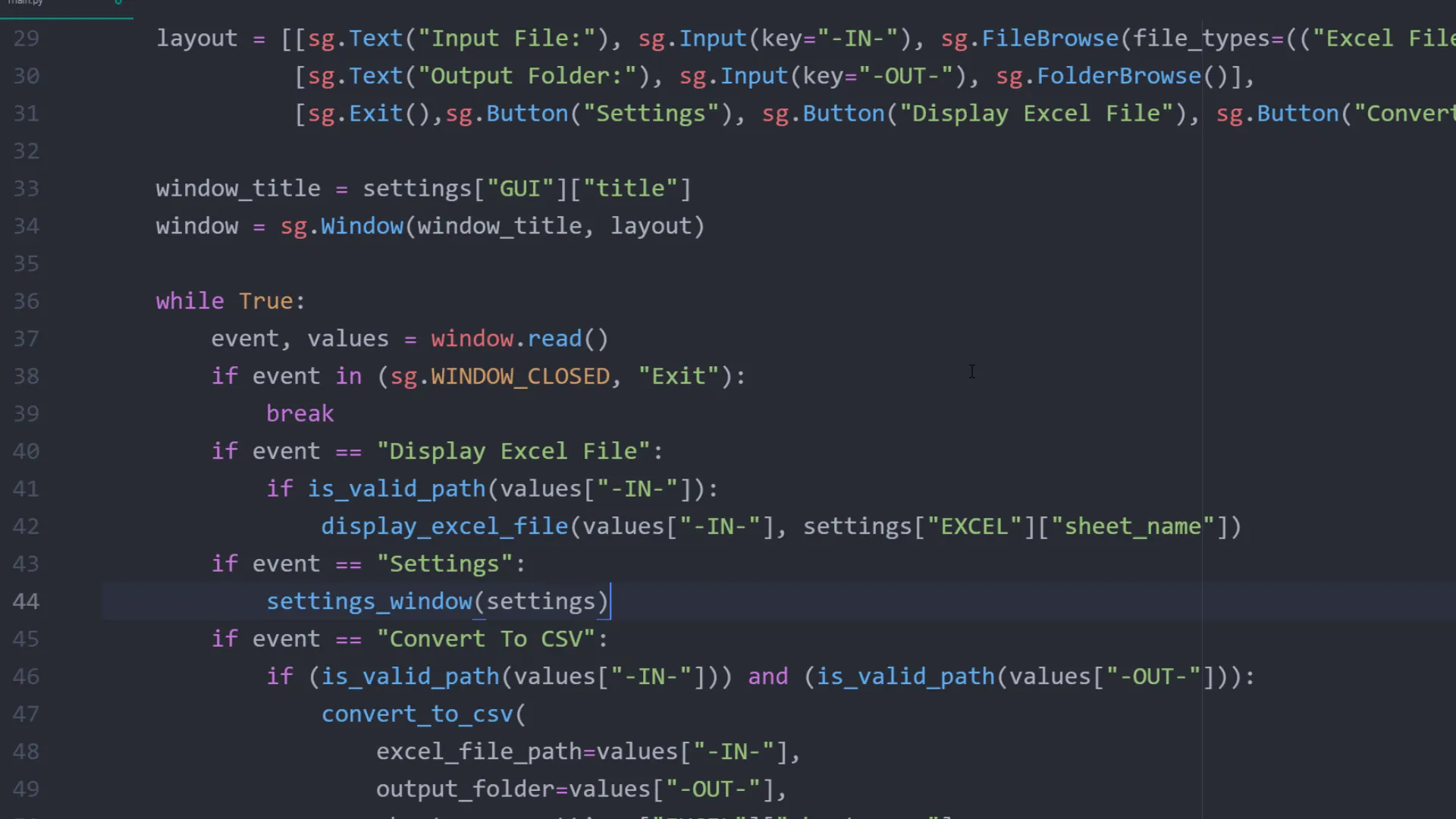 Creating settings window