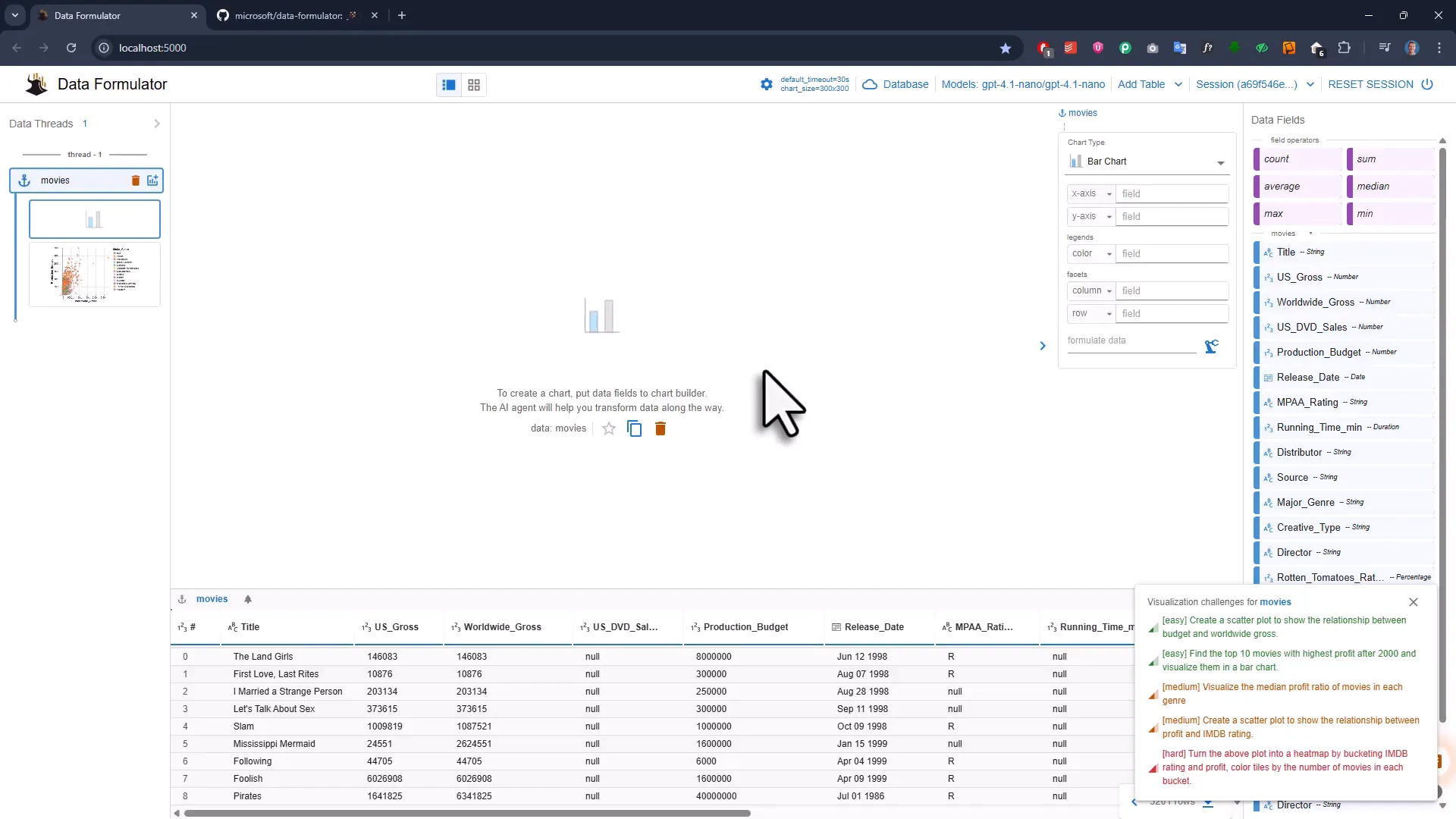 Movies dataset loaded showing table and field list