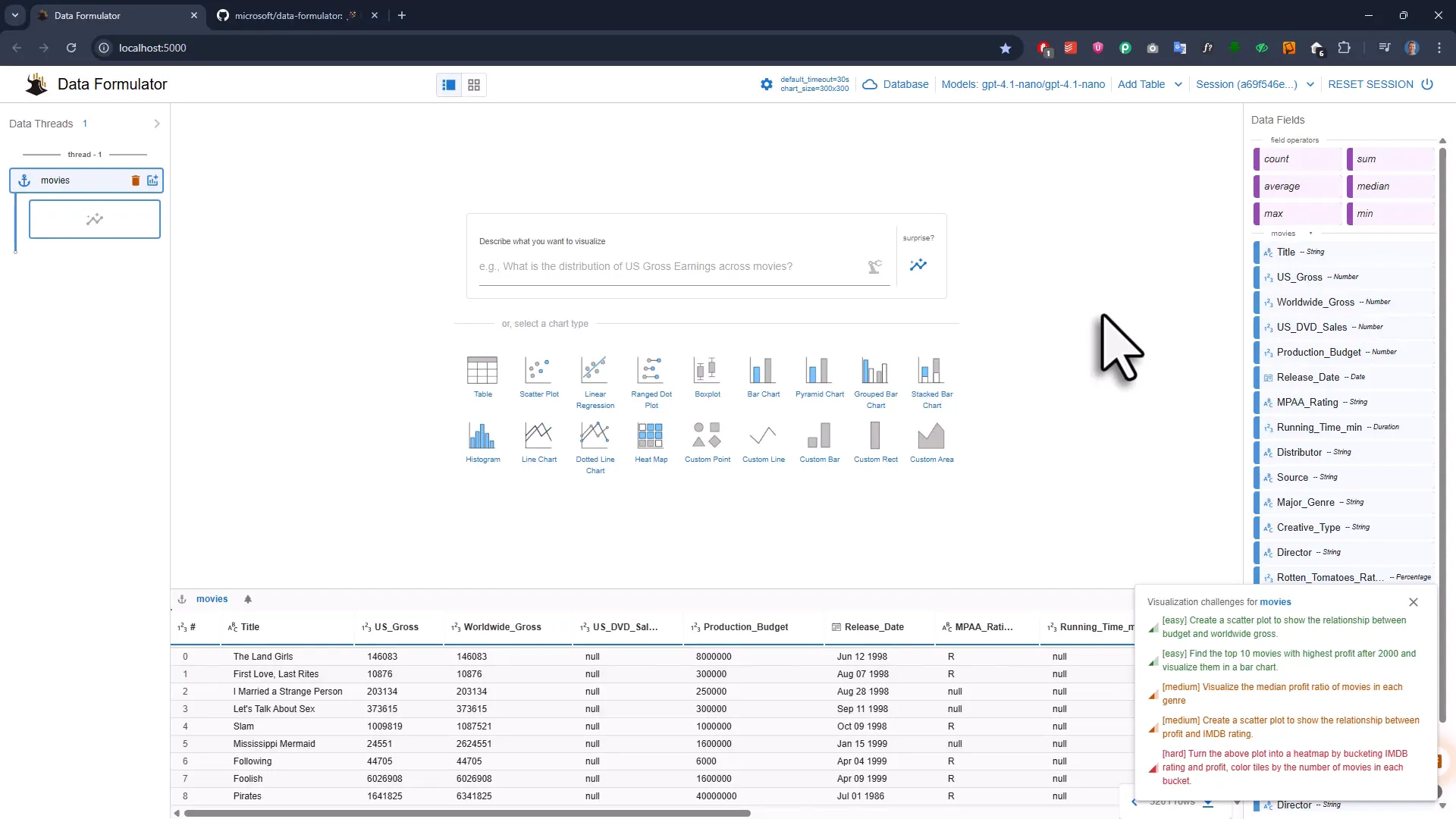 Starting screen where you choose data source