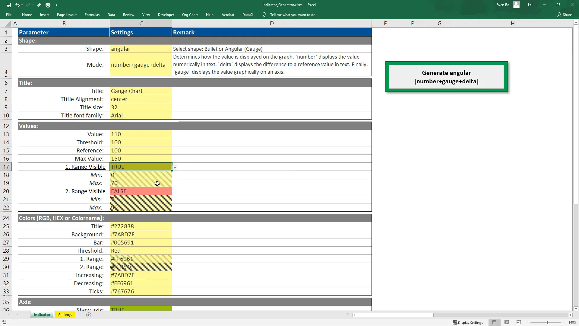 Color customization options in the tool